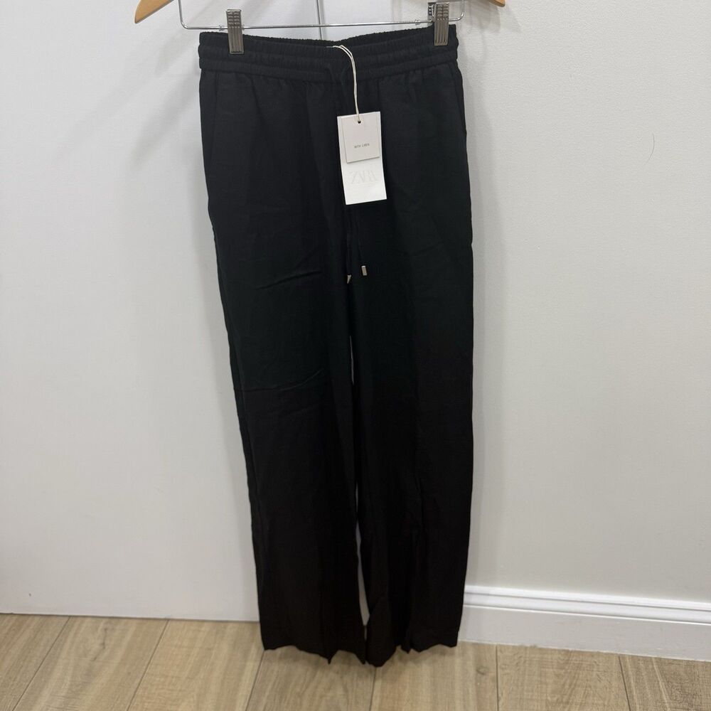 Zara Black Linen Blend Wide Leg Drawstring Preppy Pants Womens XS Relaxed Fit